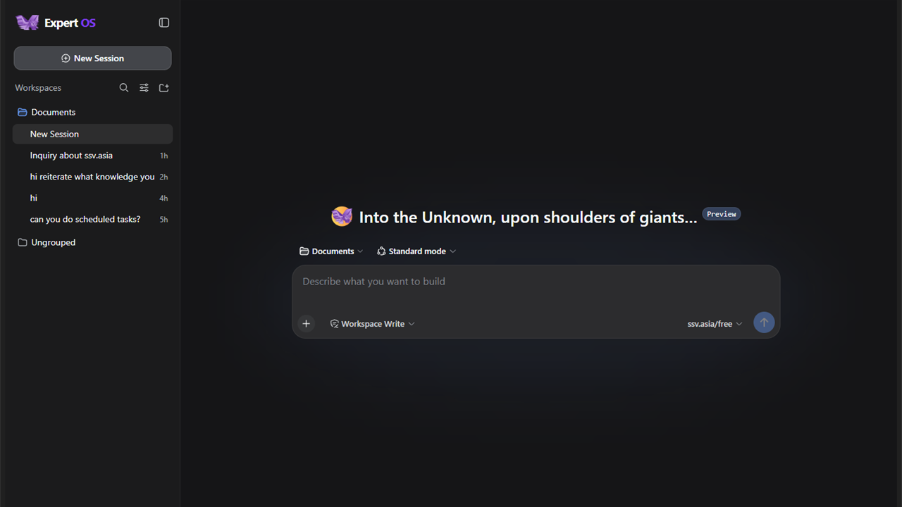 Expert OS desktop app landing screen with expanded workspace sidebar, curated sessions, model selector, and prompt composer