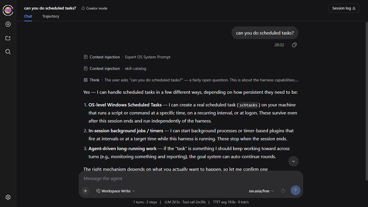 A real Expert OS session showing a detailed scheduled-task discussion